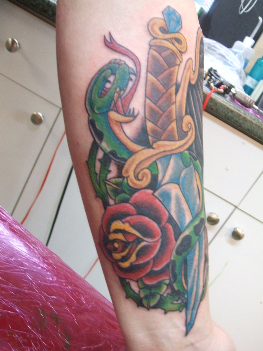 Cool Traditional Snake With Rose And Knife Tattoo Design