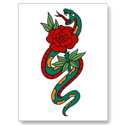 Cool Traditional Snake With Rose Tattoo Design