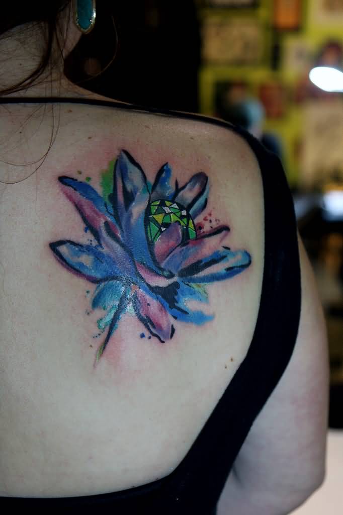 Cool Watercolor Lotus Flower Tattoo On Girl Right Back Shoulder