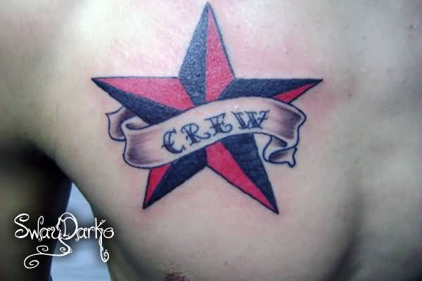 Crew Banner And Nautical Star Tattoo On Chest
