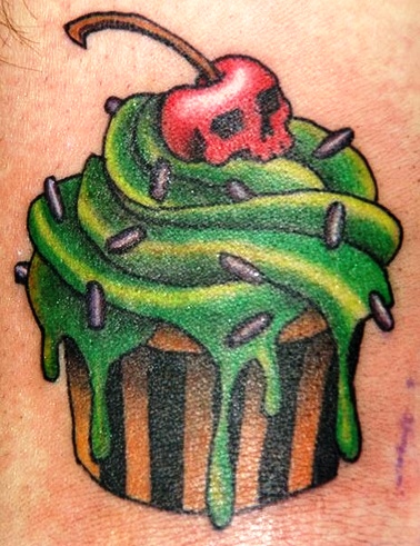 Cupcake And Cherry Skull Tattoo