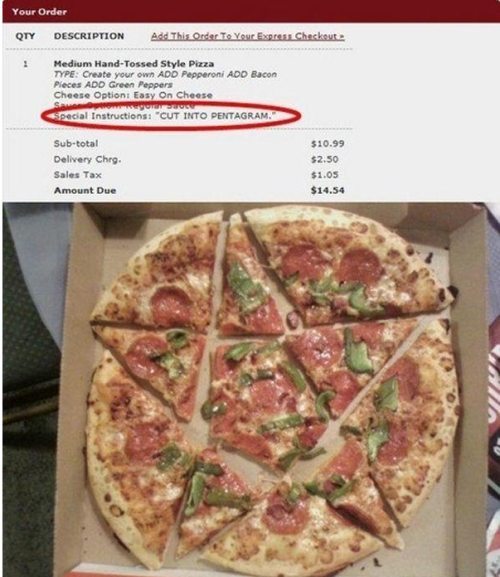 Cut Pizza Slices Into Pentagram Special Instruction Funny Picture