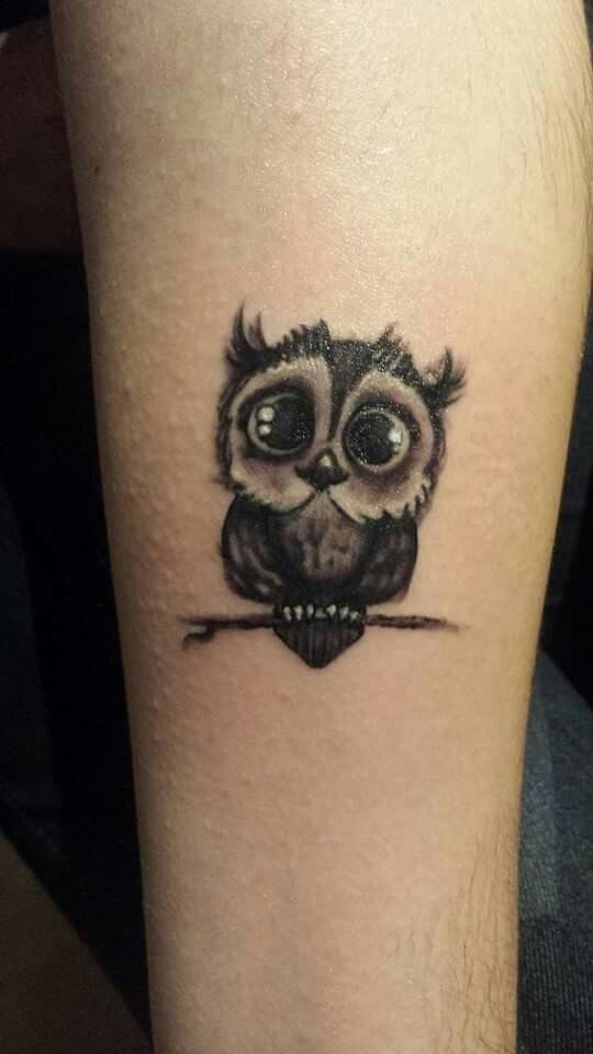 Cute Black Ink Owl Tattoo Design For Wrist
