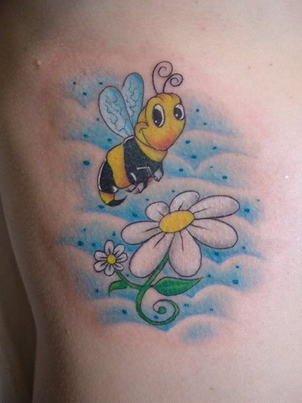 Cute Bumblebee With Flowers Tattoo On Right Side Rib