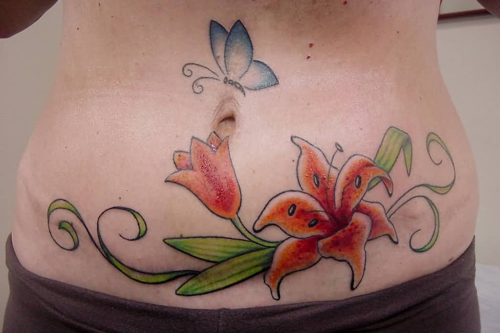 Cute Butterfly And Lily Flower Tattoo On Belly