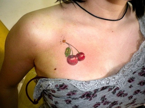 Cute Cherry Tattoo On Girl Front Shoulder