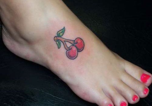 Cute Cherry Tattoo On Girl Right Foot