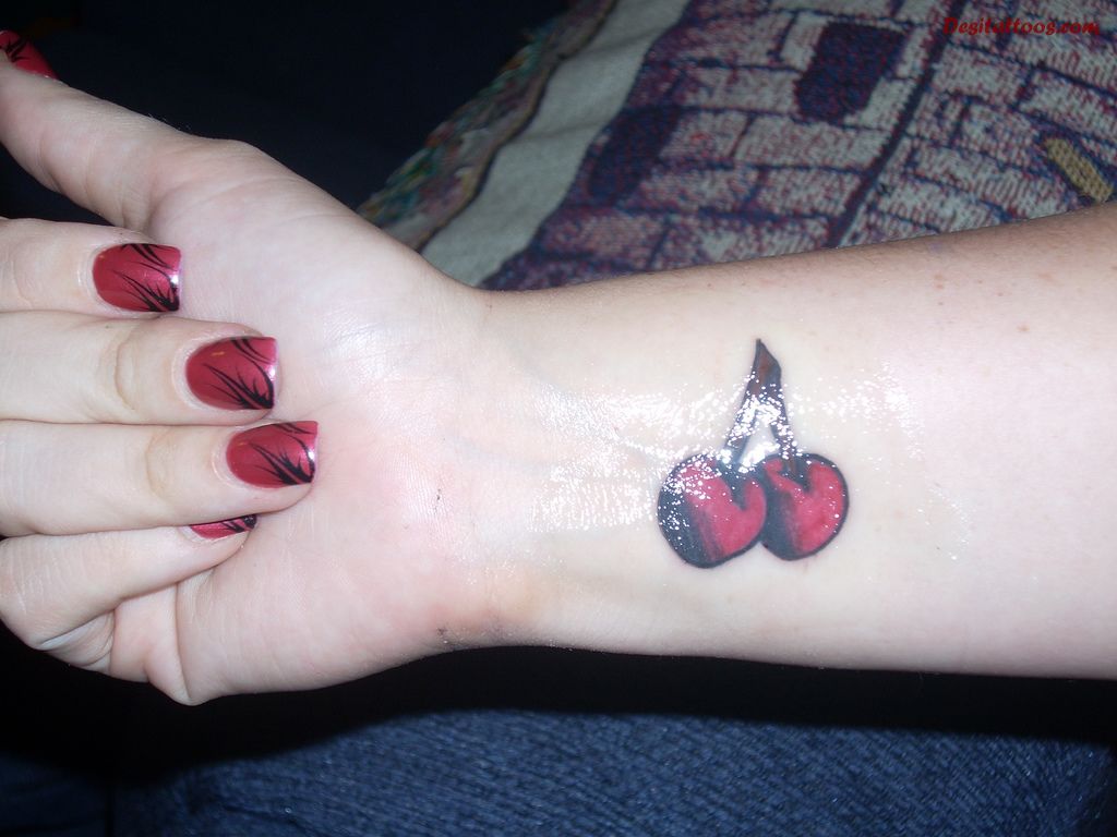 Cute Cherry Tattoo On Girl Right Wrist For Girls