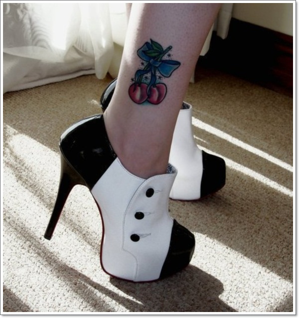 Cute Cherry Tattoo On Girl Side Leg