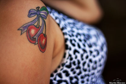 Cute Cherry Tattoo On Right Shoulder