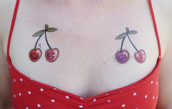 Cute Cherry Tattoos On Girl Front Shoulder