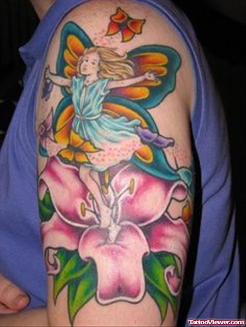 Cute Colorful Baby Fairy With Flower And Flying Butterflies Tattoo On Left Half Sleeve