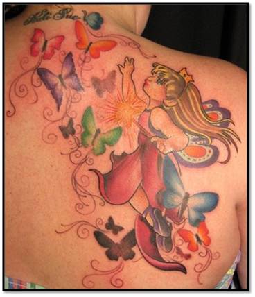 Cute Colorful Baby Fairy With Flying Butterflies Tattoo On Women Right Back Shoulder