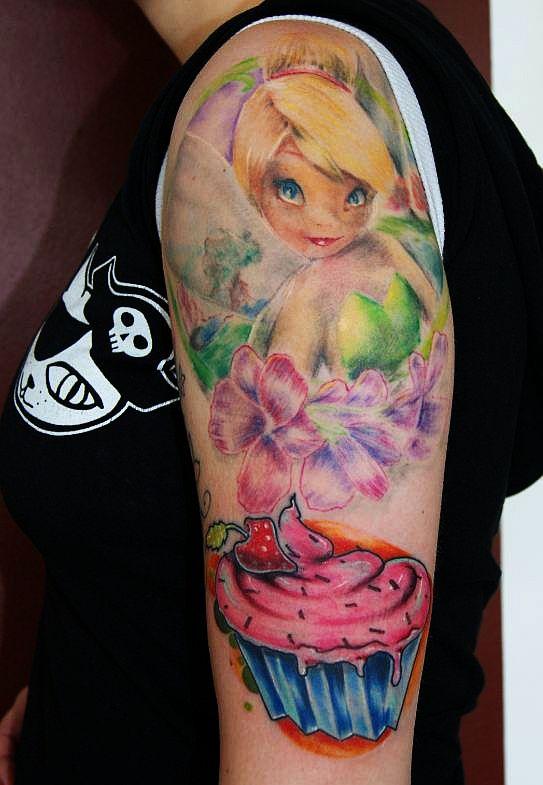 Cute Colorful Fairy With Flowers And Cupcake Tattoo On Left Half Sleeve