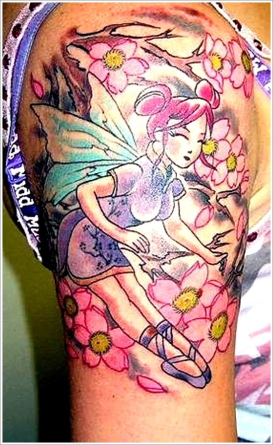 Cute Colorful Fairy With Flowers Tattoo On Women Right Half Sleeve