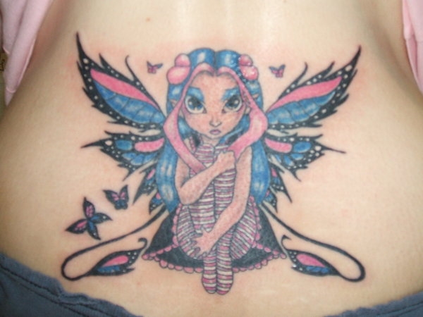 Cute Colorful Fairy With Flying Butterflies Tattoo Design For Lower Back