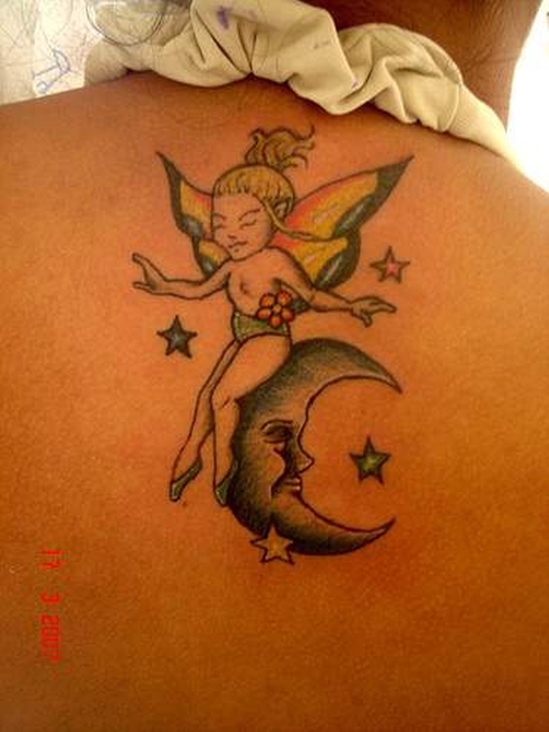Cute Colorful Small Fairy With Half Moon Tattoo On Upper Back