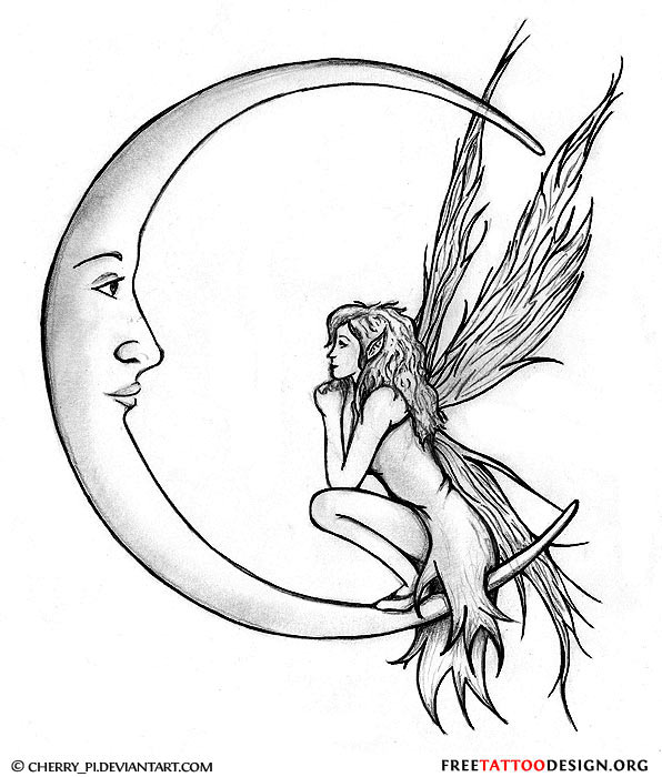 Cute Fairy On Half Moon Tattoo Design
