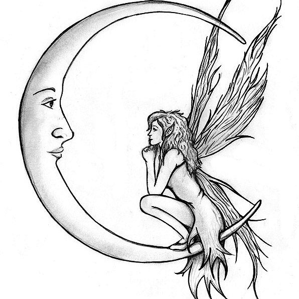Cute Grey Ink Fairy On Half Moon Tattoo Design By Lillyswanson