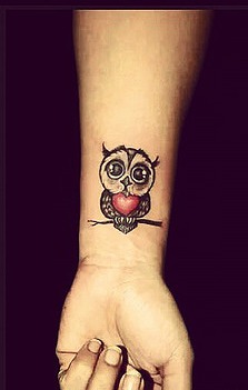 Cute Owl With Heart Tattoo On Right Wrist