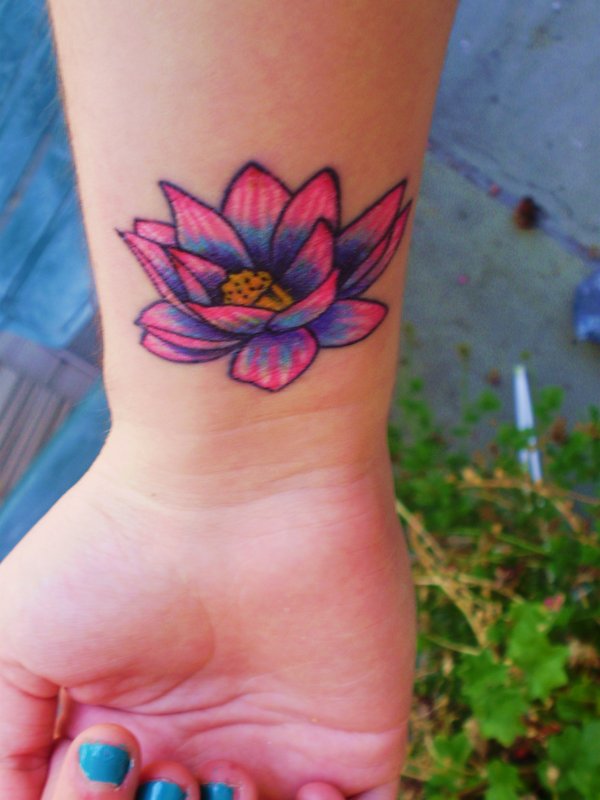 Cute Pink And Purple Lotus Flower Tattoo On Girl Left Wrist