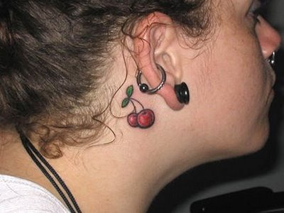 Cute Small Cherry Tattoo On Girl Side Neck