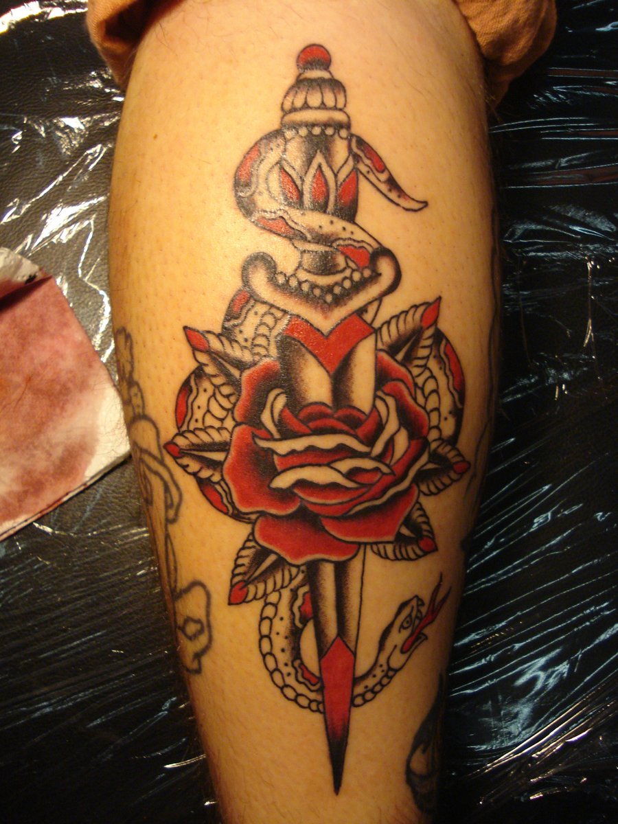 Dagger Ink Rose With Snake Tattoo Design For Half Sleeve