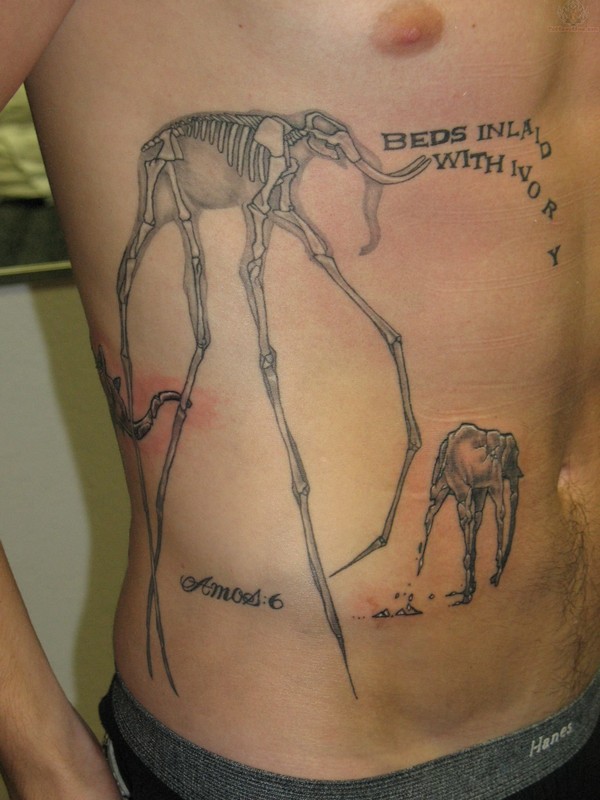 Dali Elephant Skeleton Tattoo On Man Right Side Rib