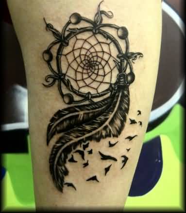 Dark Ink Flying Birds And Dreamcatcher Tattoo