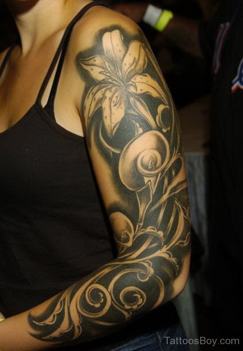 Dark Ink Lily Tattoo On Girl Full Sleeve