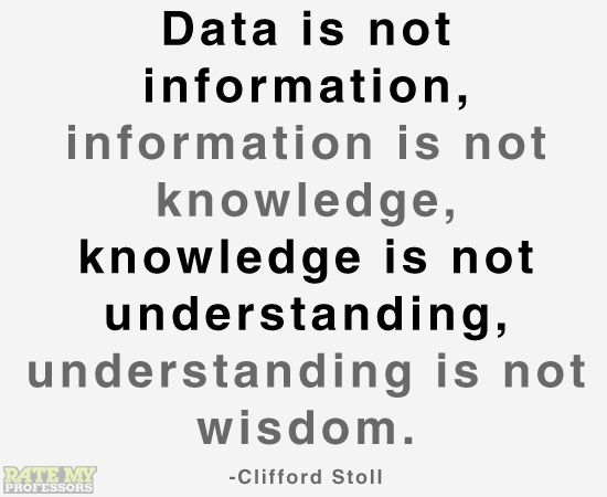 Data is not information, information is not knowledge, knowledge is not understanding, understanding is not wisdom. Clifford Stoll