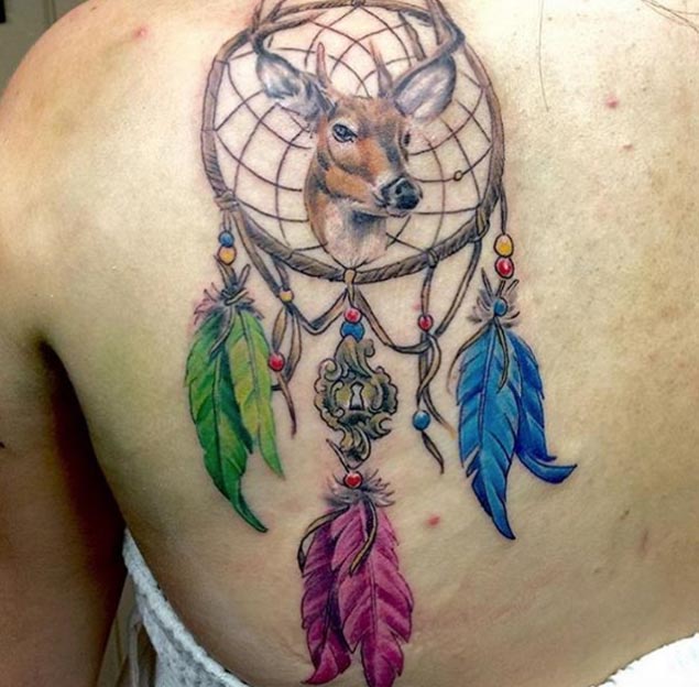 Deer Head Colorful Dreamcatcher Tattoo On Left Back Shoulder