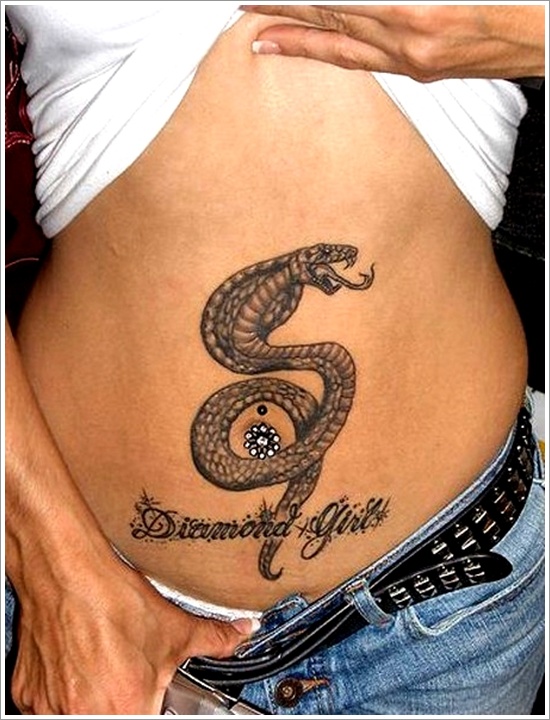 Diamond Girl - Black Ink Snake Tattoo On Girl Stomach