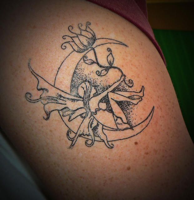 Dotwork Fairy On Half Moon With Flower Tattoo Design For Half Sleeve
