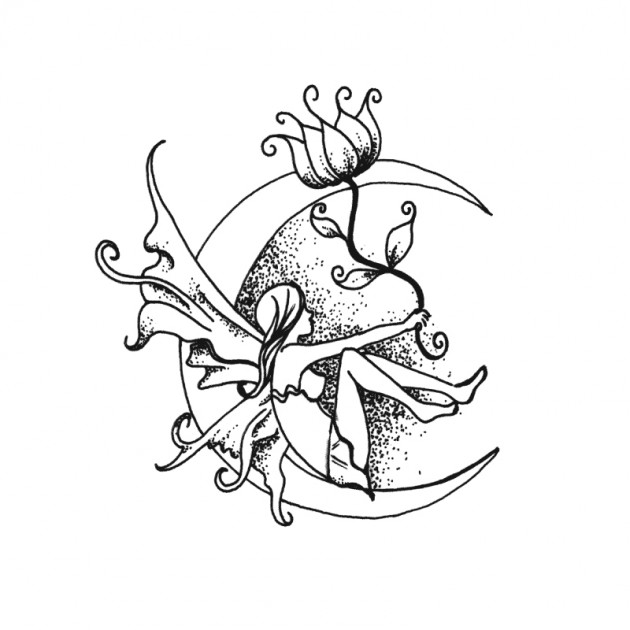Dotwork Fairy On Half Moon With Flower Tattoo Design