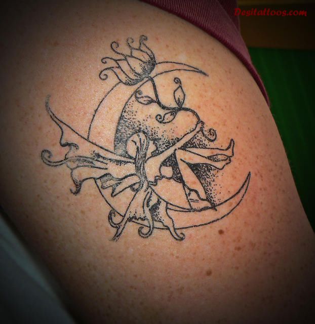 Dotwork Fairy With Half Moon Tattoo Design For Half Sleeve