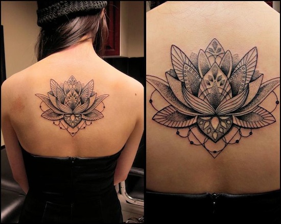 Dotwork Lotus Flower Tattoo On Girl Upper Back