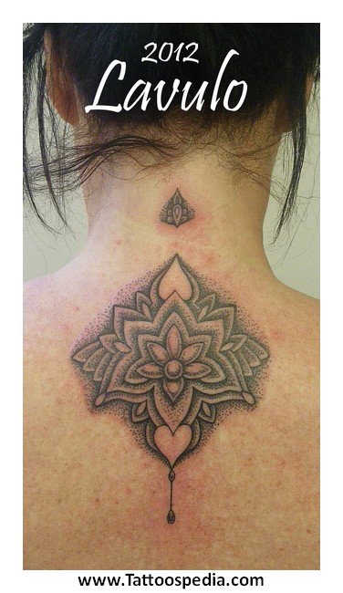Dotwork Mandala Flower Tattoo On Girl Back Neck