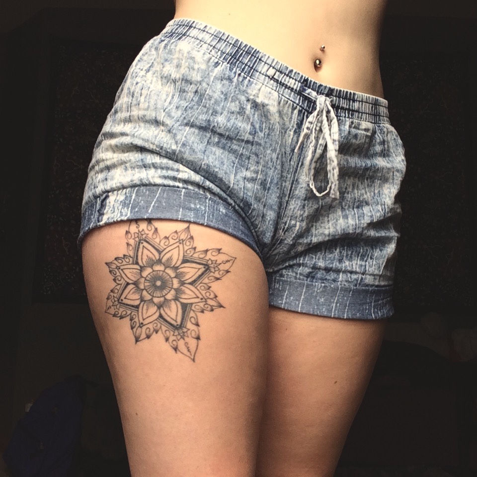 Dotwork Mandala Lotus Flower Tattoo On Girl Right Thigh