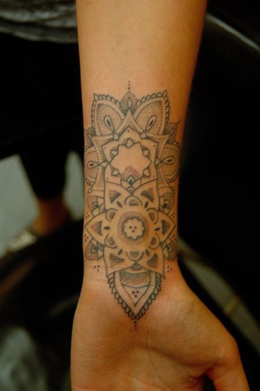 Dotwork Mandala Lotus Flower Tattoo On Left Wrist By Damian Foreman