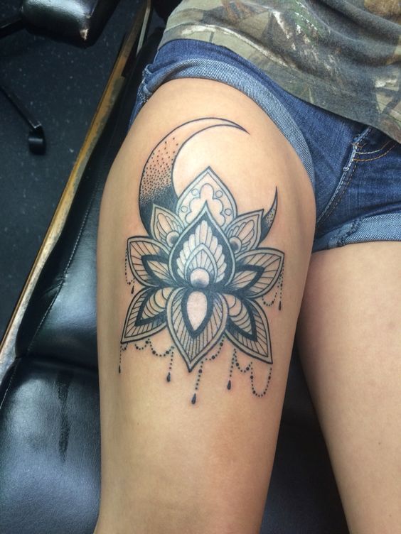 Dotwork Mandala Lotus Flower With Half Moon Tattoo On Girl Right Rib