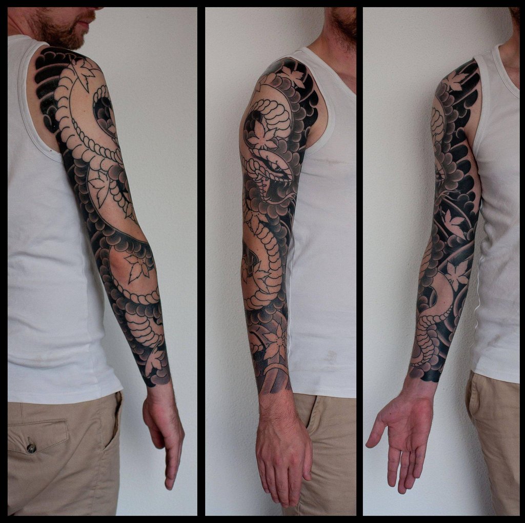 Dotwork Snake Tattoo On Man Right Full Sleeve