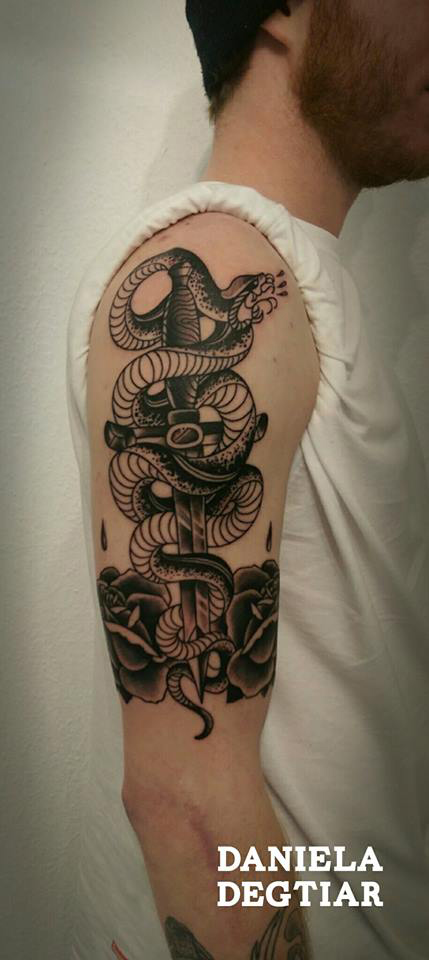 Dotwork Snake With Dagger And Roses Tattoo On Man Right Half Sleeve