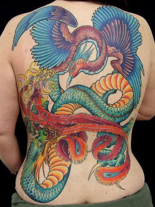 Dragon And Phoenix Tattoo On Full Back