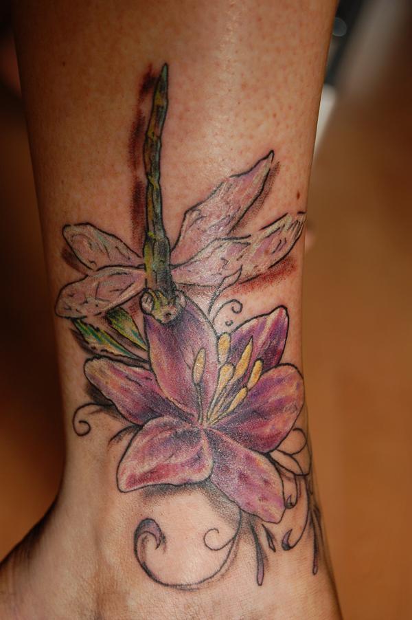 Dragonfly And Lily Tattoo On Ankle