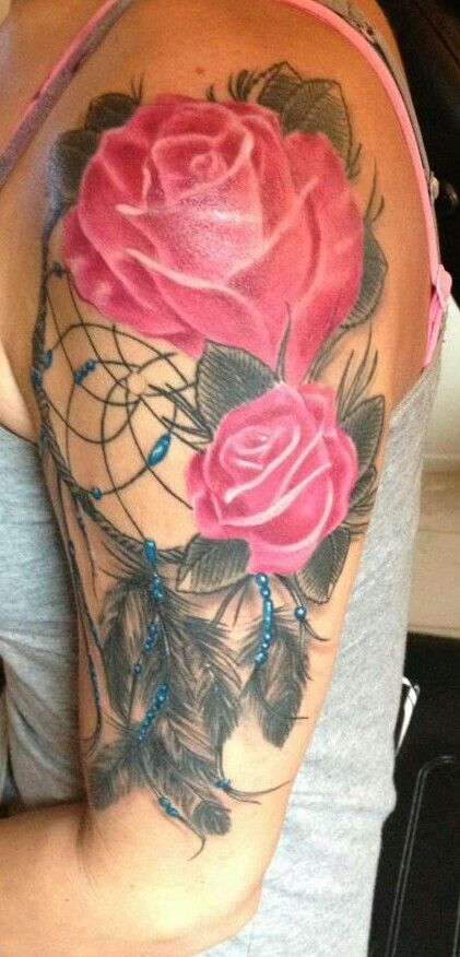 Dreamcatcher And Pink Roses Tattoo On Left Half Sleeve