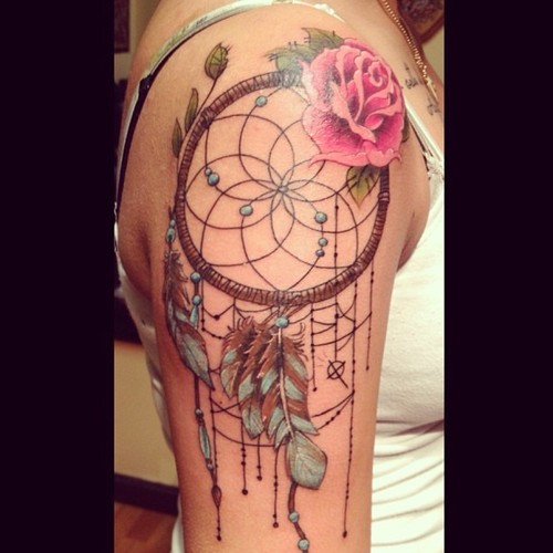 Dreamcatcher And Rose Flower Tattoo On Right Shoulder