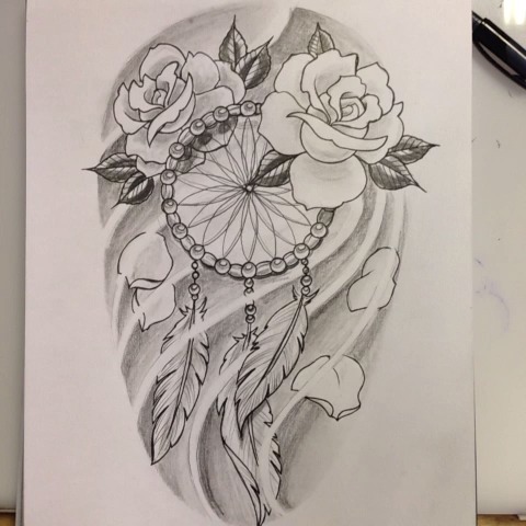 Dreamcatcher And Roses Tattoo Design