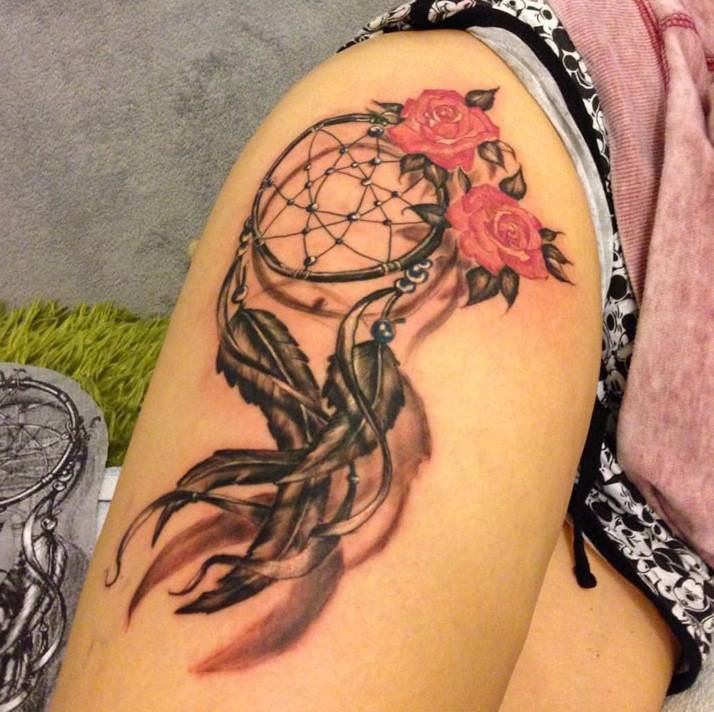 Dreamcatcher Tattoo And Pink Roses Tattoo On Thigh