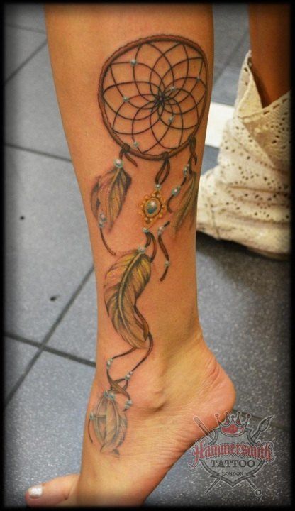 Dreamcatcher Tattoo On Girl Leg